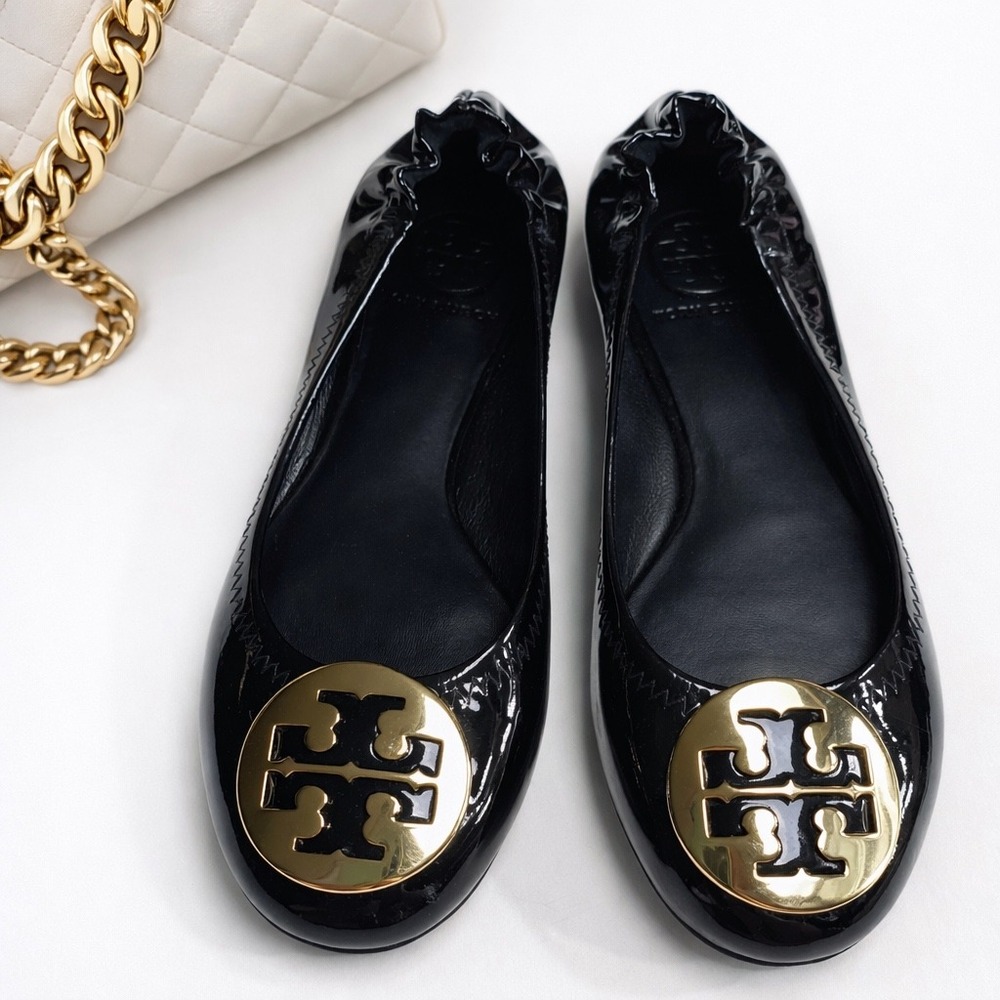 Tory Burch Reva Black & Gold Patent Genuine Leather Ballet Flats Size 5.5